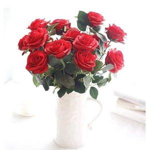 Red Artificial Roses Bouquet Flowers w/leaves Stems 10 Heads Wedding Florals